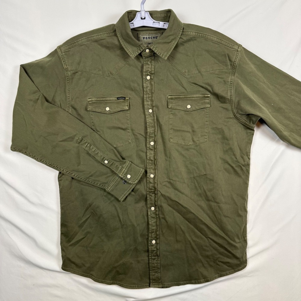 Poncho Mens Large Regular Fit Western Pearl Snap Work Shirt Olive Green Cotton